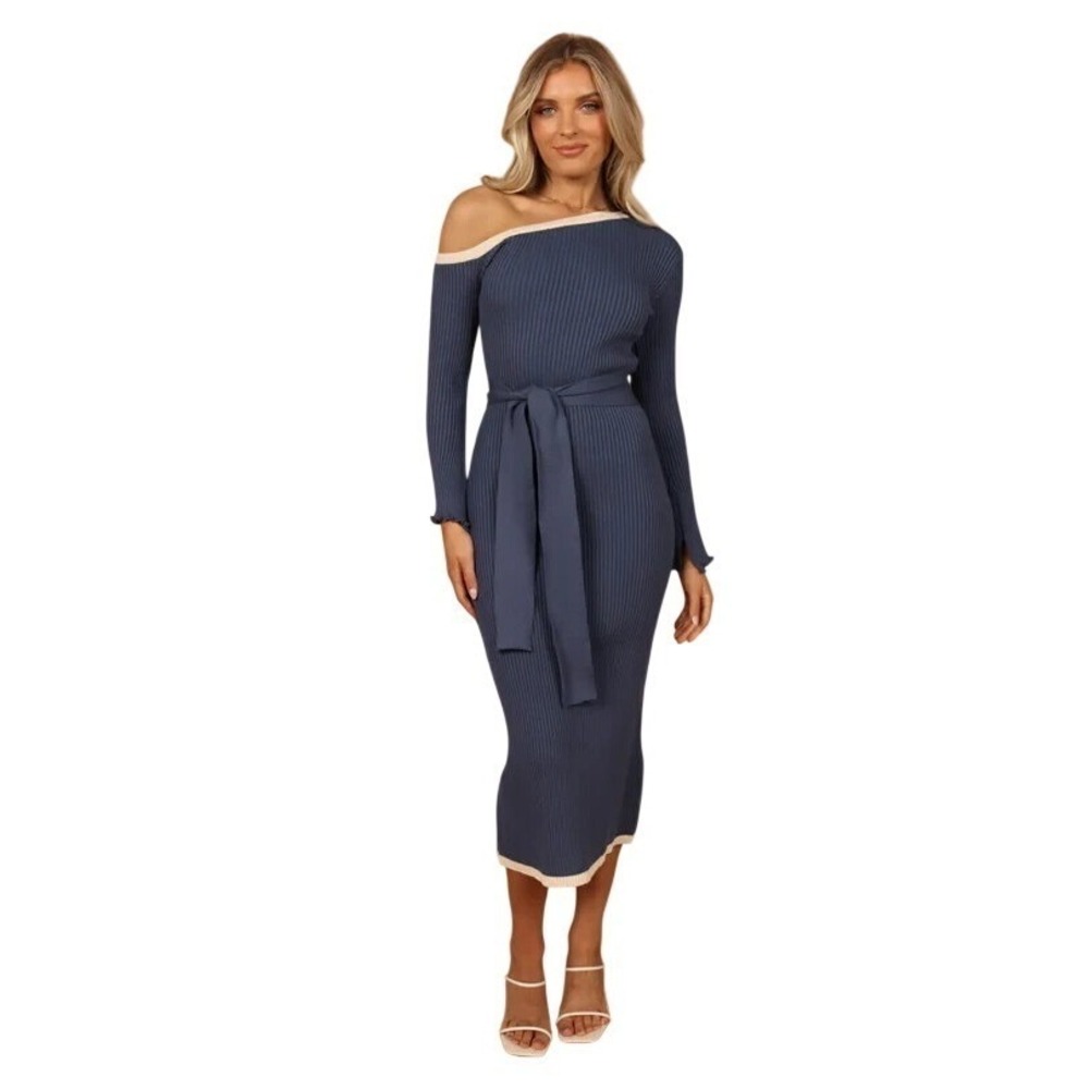 Womens Off Shoulder Sweater Dress Tie Waist Knitted Long Dress Midnight Blue XL